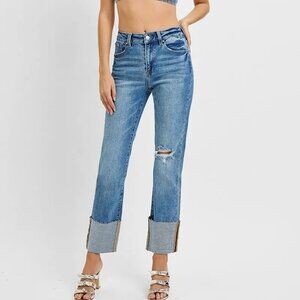 RISEN Full Size High Rise Ankle Straight Wide Cuffed Jeans Plus Size